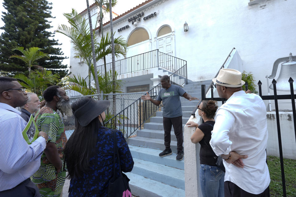 Marvin Dunn gives a tour of the Overtown neighborhood of Miami Sunday, Feb. 25, 2024. Dunn, a professor emeritus at Florida International University, discussed issues about the historically Black neighborhood undergoing gentrification. (AP Photo/Marta Lavandier)