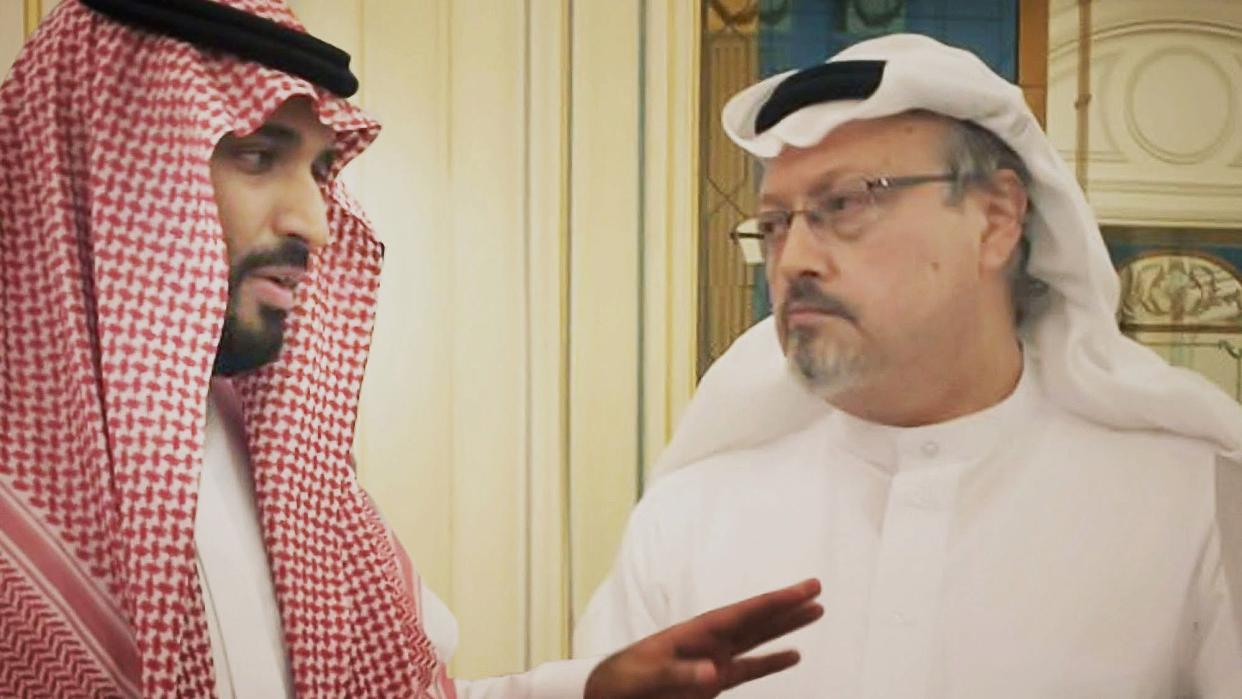 This image released by Briarcliff Entertainment shows Saudi Crown Prince Mohammed bin Salman, left, with journalist Jamal Khashoggi in a scene from the documentary "The Dissident."  