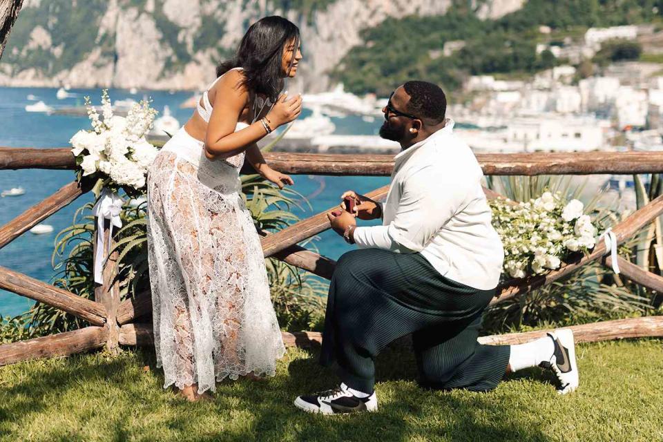 <p>SplashNews.com</p> Davon Godchaux and Chanel Iman get engaged in Capri