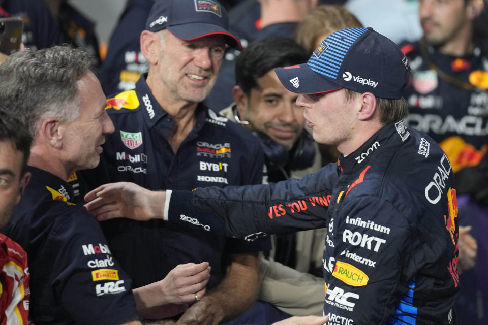 Red Bull driver Max Verstappen of the Netherlands celebrates with Red Bull team principal Christian Horner after winning the Formula One Saudi Arabian Grand Prix at the Jeddah Corniche Circuit, in Jedda, Saudi Arabia, Saturday, March 9, 2024. (AP Photo/Darko Bandic)