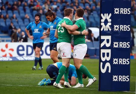 Rugby Union - Italy v Ireland - Six Nations Championship - Stadio Olimpico, Rome - 11/2/17 Ireland's Craig Gilroy celebrates with Ian Keatley after scoring a try Reuters / Alessandro Bianchi Livepic