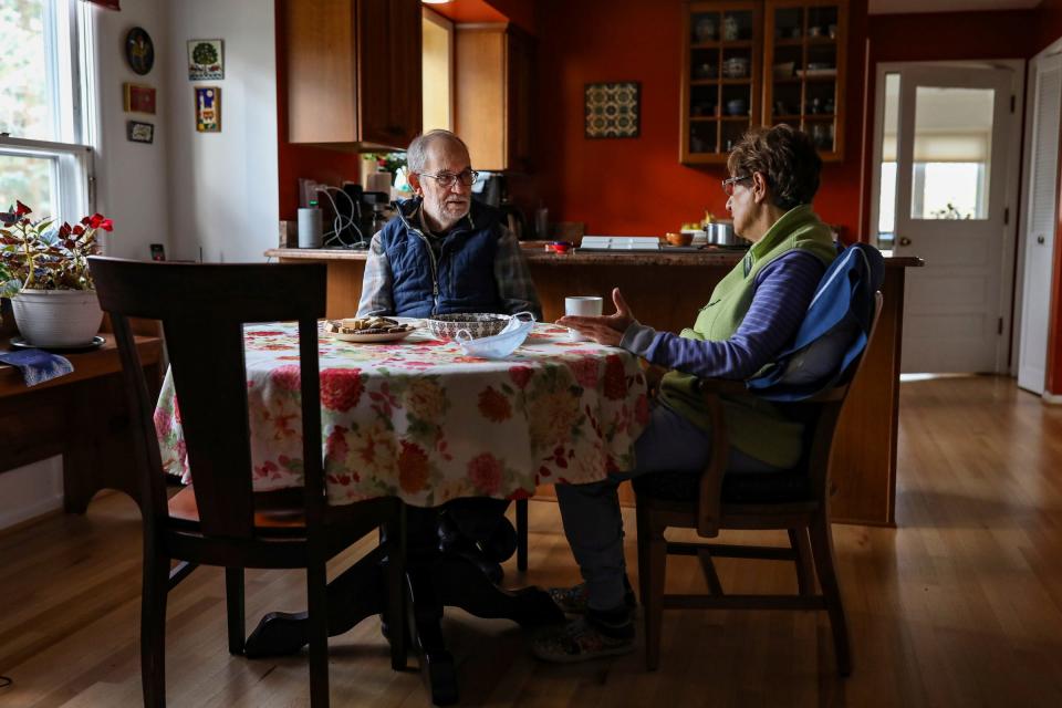 Anan Ameri, 79, and Dick Soble, 81, both of Ann Arbor, have a conversation about the ongoing Gaza War between Israel and Hamas at Ameri’s home on Dec. 12, 2023. Ameri is the founder of the Arab American National Museum and an activist. Soble, Ameri’s friend for 50 years, is a lawyer and an activist.