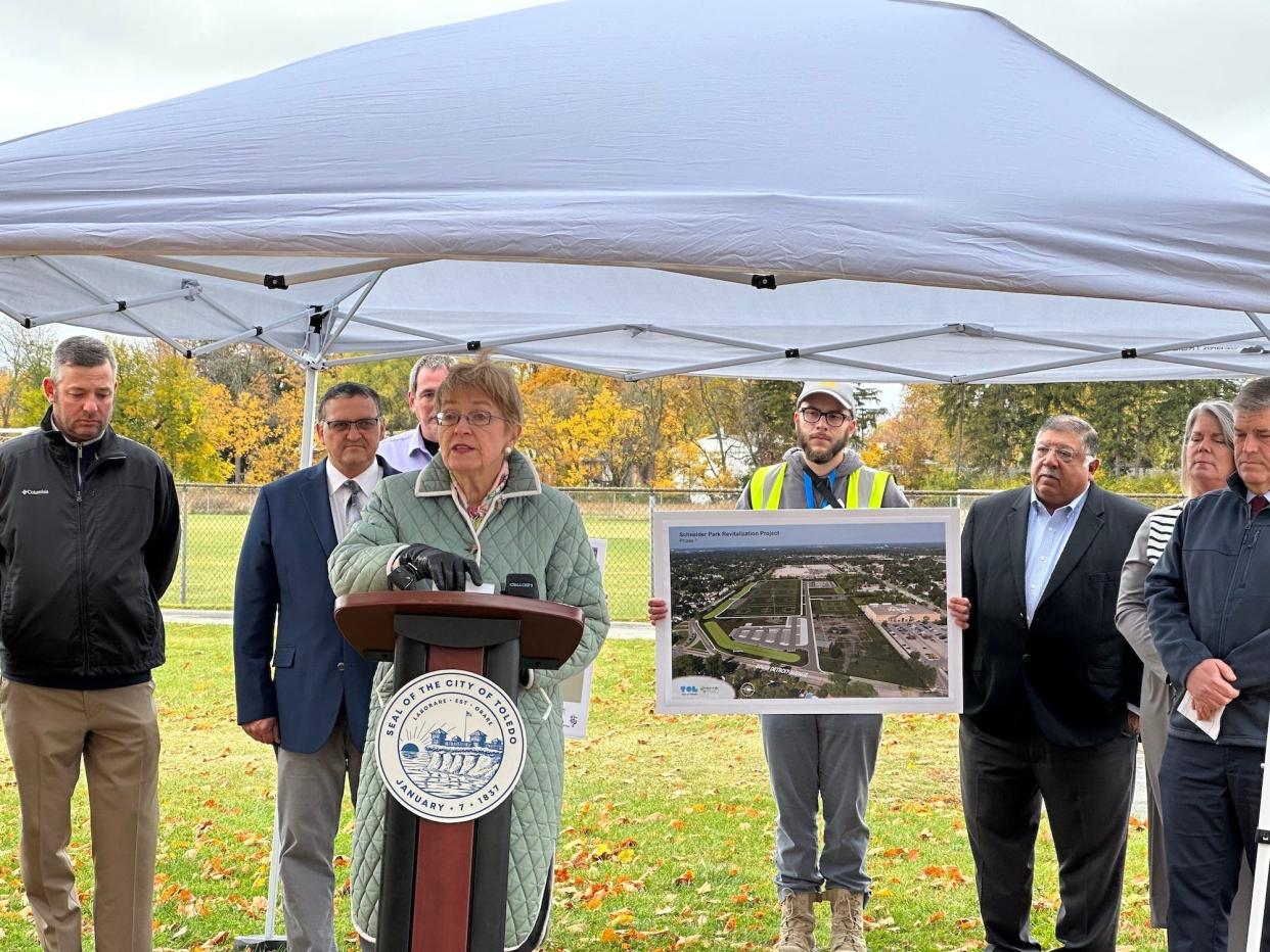 Democratic Rep. Marcy Kaptur speaking at a press conference in Toledo with local officials to highlight new federal investments in the district as the result of the Bipartisan Infrastructure Law on October 26, 2022.