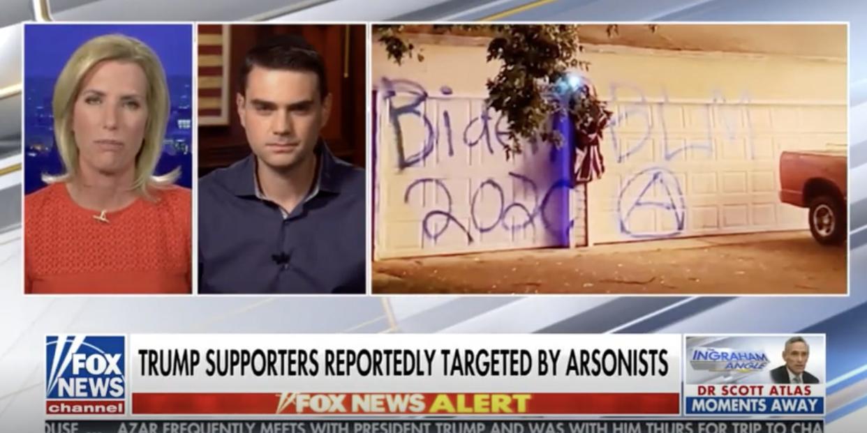 A screenshot from Fox News' "Ingraham Angle" from September 23, 2020, showing Ingraham, guest Ben Shapiro, and an image of the garage. Chyron reads: "Trump supporters reportedly targeted by arsonists."