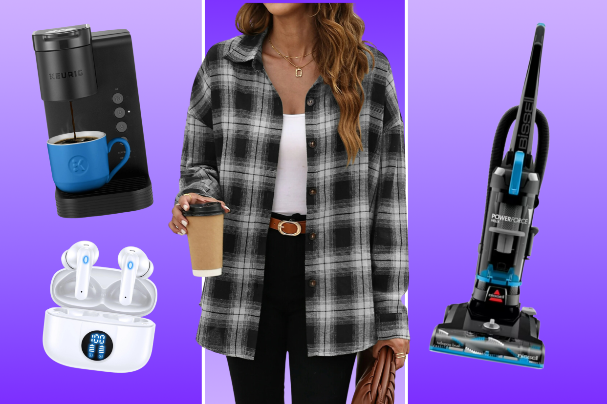 Keurig, earbuds, flannel shirt, vacuum