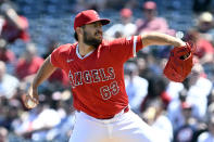 Los Angeles Angels starting pitcher Chase Silseth throws to a Boston Red Sox batter during the first inning of a baseball game in Anaheim, Calif., Sunday, April 7, 2024. (AP Photo/Alex Gallardo)