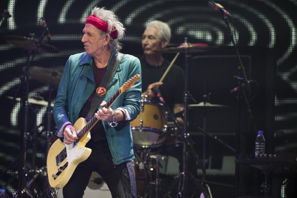 FILE - In this Saturday, Dec. 8, 2012 file photo, Keith Richards, left, and Charlie Watts of The Rolling Stones perform in concert in New York. On their show Saturday, Dec. 15, at the Prudential Center in Newark, N.J., The Rolling Stones will be joined by Bruce Springsteen, Lady Gaga and the Black Keys. (Photo by Charles Sykes/Invision/AP, File)