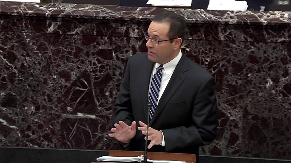 Michael Purpura, Counsel to the President, makes arguments against the removal from office of US President Donald J. Trump during the President's impeachment trial in the US Senate in the US Capitol in Washington, DC on Saturday, January 25, 2020. (Screengrab: Senate TV via Yahoo News)