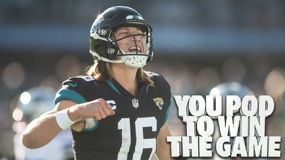 Dec 18, 2022; Jacksonville, Florida, USA;  Jacksonville Jaguars quarterback Trevor Lawrence (16) celebrates a touchdown against the Dallas Cowboys in the fourth quarter at TIAA Bank Field. Mandatory Credit: Jeremy Reper-USA TODAY Sports