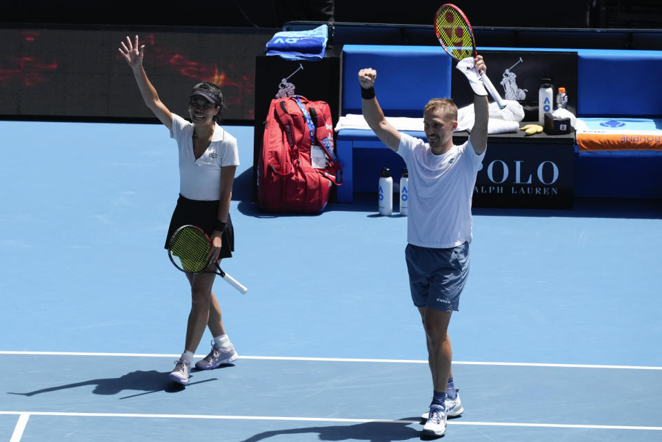 Hsieh Su-Wei, left, of Taiwan and Jan Zielinski of Poland celebrate after defeating Desirae Krawczyk of the U.S. and Neal Skupski of Britain in the mixed doubles final match at the Australian Open tennis championships at Melbourne Park, Melbourne, Australia, Friday, Jan. 26, 2024. (AP Photo/Alessandra Tarantino)