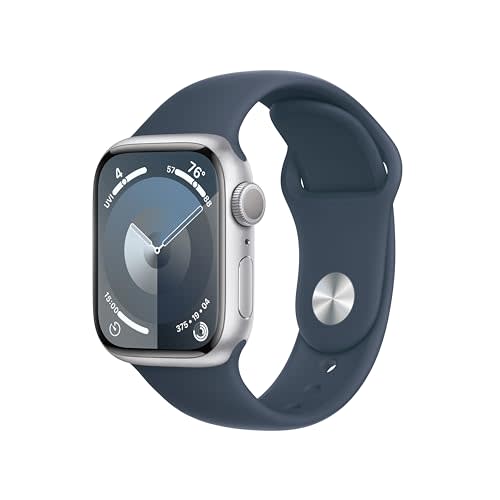 Apple Watch Series 9 [GPS 41mm] Smartwatch with Silver Aluminum Case with Storm Blue Sport Band…
