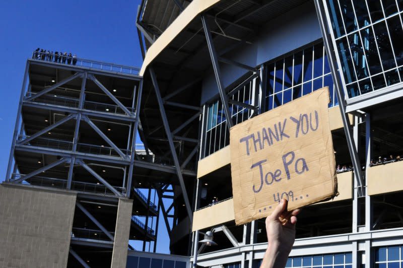 A Penn State fan shows his support for former head coach Joe Paterno, fired November 9, 2011, before the start of the Penn State versus Nebraska NCAA football game at Beaver Stadium in State College, Pa., on November 12, 2011. File Photo by Archie Carpenter/UPI
