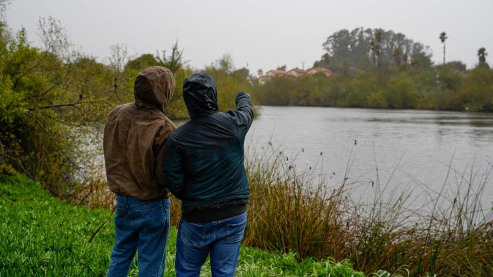 Santa Maria residents Matt Simms, left, and Joe Cardenas visited the Oceano Lagoon hoping to fish on March 14, 2023, unaware that the area was under an evacuation order.