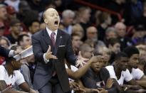 Cincinnati head coach Mick Cronin reacts to a call in favor of Harvard during the second half in the second round of the NCAA college basketball tournament in Spokane, Wash., Thursday, March 20, 2014. Harvard won 61-57. (AP Photo/Elaine Thompson)