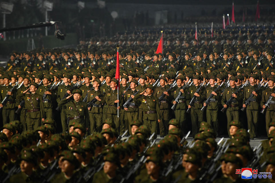 This picture taken on September 9, 2021 and released from North Korea's official Korean Central News Agency (KCNA) shows a parade of 'paramilitary and public security forces' to celebrate the 73rd founding anniversary of North Korea at Kim Il Sung Square in Pyongyang. South Korea OUT / ---EDITORS NOTE--- RESTRICTED TO EDITORIAL USE - MANDATORY CREDIT 