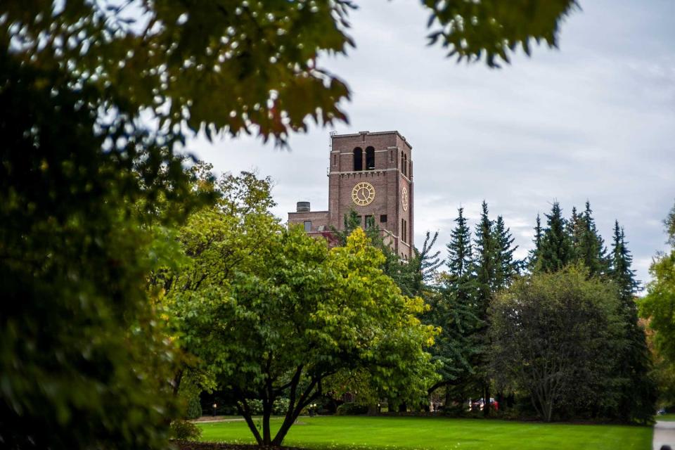 A tower clocks architecture rising above the trees in Kohler, Wisconsin.