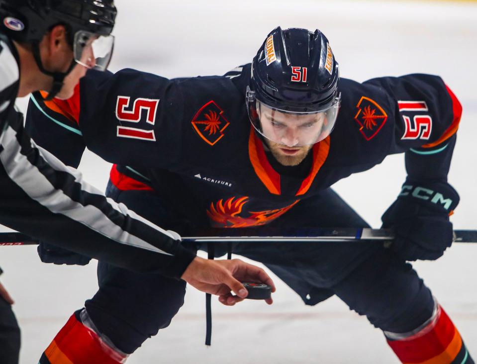 Coachella Valley forward Shane Wright (51) readies for a face-off during the second period of their game at Acrisure Arena in Palm Desert, Calif., Wednesday, April 17, 2024.