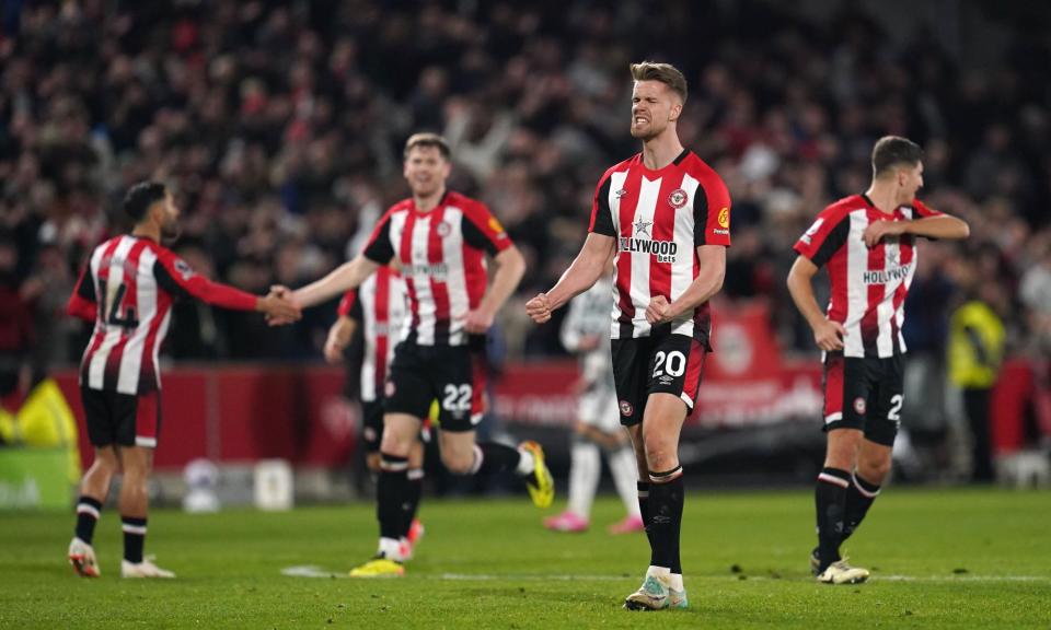 <span>Kristoffer Ajer celebrates his last-gasp equaliser.</span><span>Photograph: Adam Davy/PA</span>