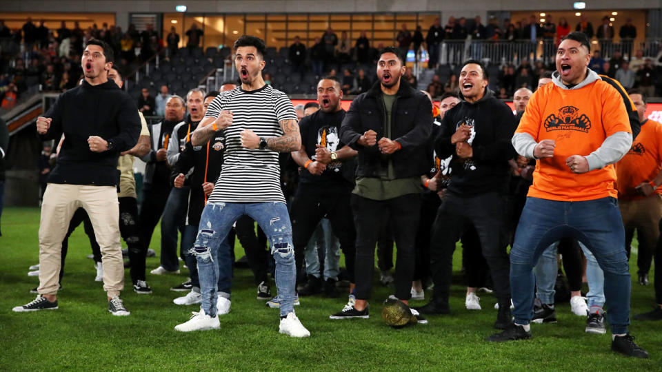 Benji Marshall's family and friends perform a haka to mark the occasion. Pic: Getty