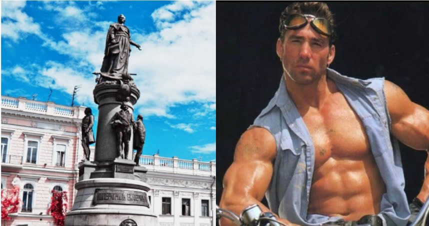 烏克蘭敖德薩市居民連署將城市中的俄羅斯女皇雕像（左）拆除，改立色情片男星比利海靈頓（右）雕像。（圖／翻攝自陸網、IG）