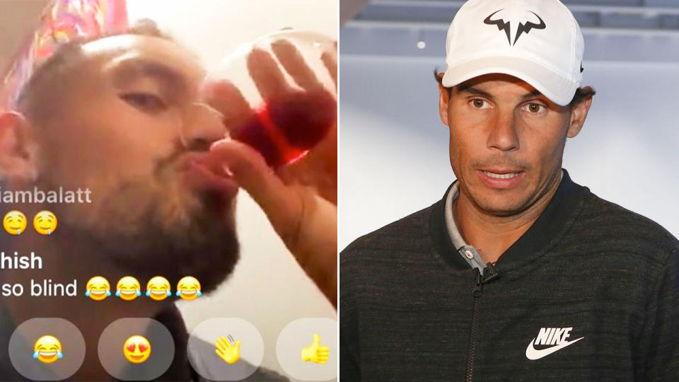 Pictured here, a red-wine fuelled Nick Kyrgios on an Instagram live chat and Rafael Nadal.