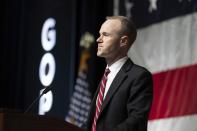 FILE - In this May 13, 2022, photo, GOP attorney general candidate Jim Schultz speaks during the first day of the Minnesota State Republican Convention at the Mayo Civic Center in. Rochester, Minn. (Glen Stubbe/Star Tribune via AP, file)