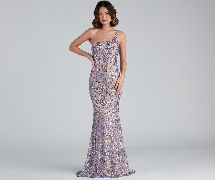 24) Norvina Sequin Scroll One-Shoulder Mermaid Formal Dress