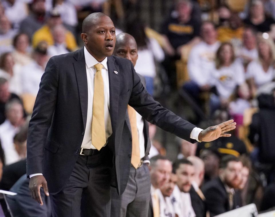 Mar 4, 2023; Columbia, Missouri, USA; Missouri Tigers head coach Dennis Gates gestures to players against the Mississippi Rebels during the first half at Mizzou Arena. Mandatory Credit: Denny Medley-USA TODAY Sports