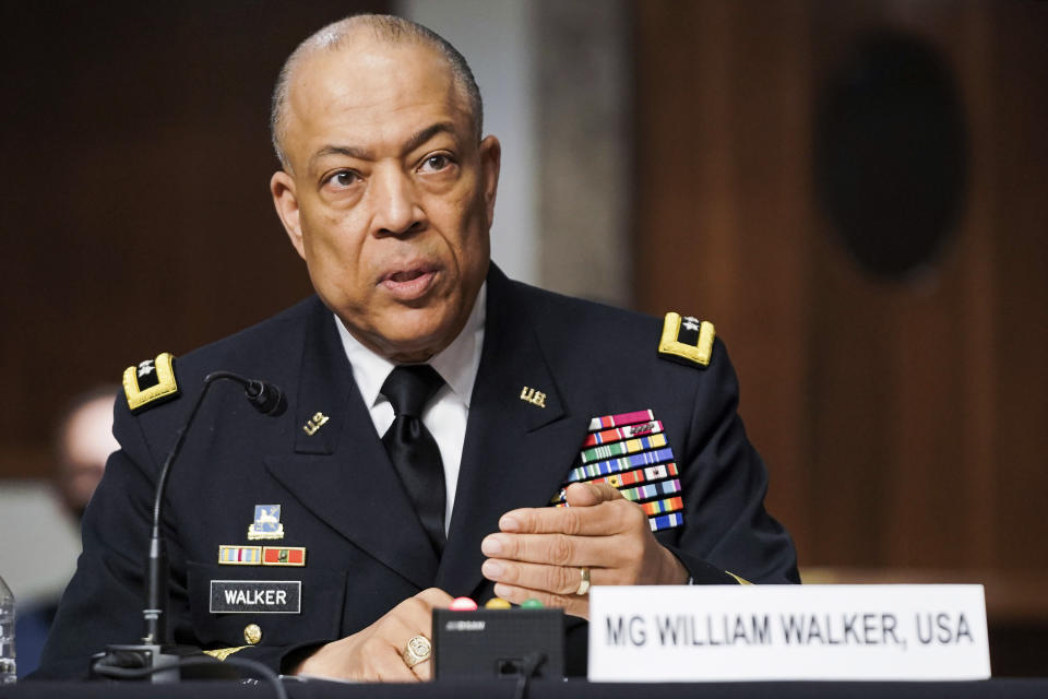 Army Maj. Gen. William Walker, Commanding General of the District of Columbia National Guard speaks during a Senate Committee on Homeland Security and Governmental Affairs and Senate Committee on Rules and Administration joint hearing Wednesday, March 3, 2021, examining the January 6, attack on the U.S. Capitol in Washington. (Greg Nash/Pool via AP)