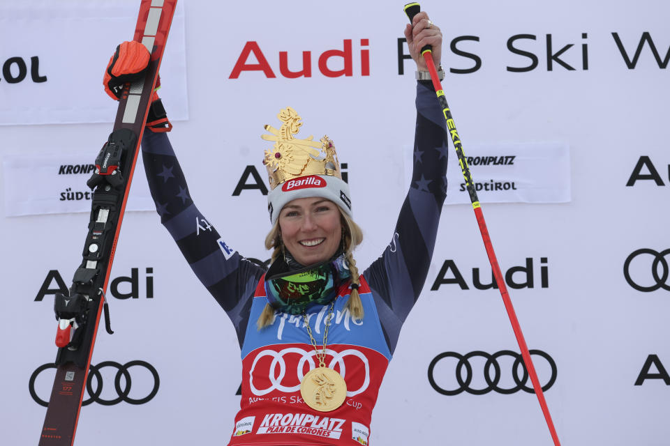 FILE - United States' Mikaela Shiffrin celebrates on the podium after winning an alpine ski, women's World Cup giant slalom, her 83rd World Cup race, in Kronplatz, Italy, Tuesday, Jan. 24, 2023. Shiffrin isn't putting the same pressure on herself for the upcoming world championships, starting on on Feb. 6, 2023 in Courchevel and Meribel, France, that she did for last year's Beijing Olympics. The event is Shiffrin's first major championship since American skier didn't win a medal and didn't finish three of her five races at the Olympics. (AP Photo/Alessandro Trovati, File)