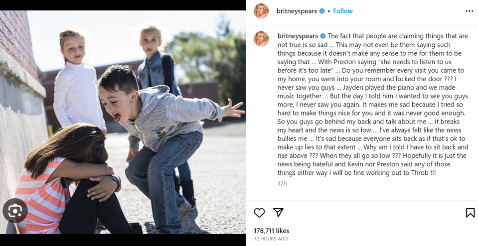 Britney Spears’ post about her sons’ alleged words in the media (Britney Spears / Instagram)