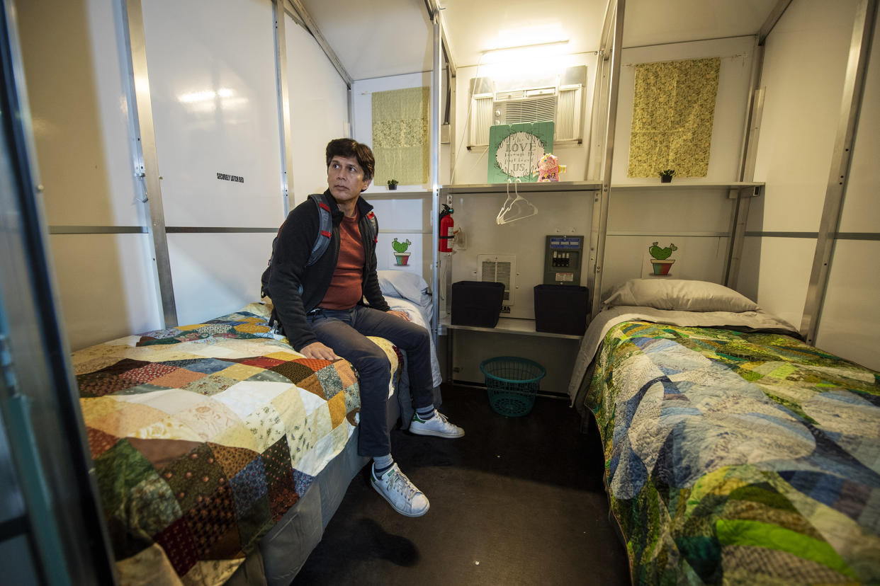 Los Angeles City Council member Kevin de León in a tiny home at the Arroyo Seco Tiny Home Village in Highland Park. (Hans Gutknecht / MediaNews Group via Getty Images)