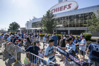 Fans make their way to the stadium prior to an MLS soccer match between Sporting Kansas City and Inter Miami, Saturday, April 13, 2024, in Kansas City, Mo. (AP Photo/Nick Tre. Smith)