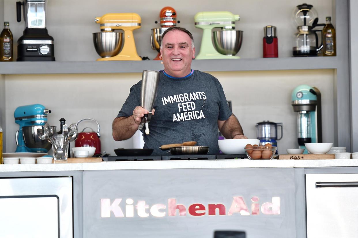 Chef Jose Andres leads a cooking demonstration on stage at Goya Foods' Grand Tasting Village: Gustavo Caballero/Getty Images for SOBEWFF