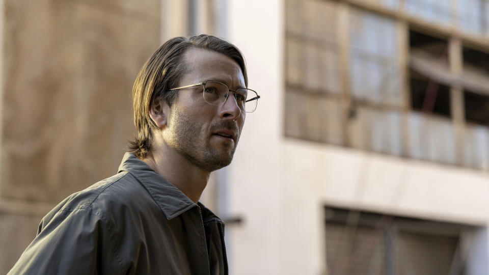 This image released by Netflix shows Glen Powell in a scene from "Hit Man." (Netflix via AP)