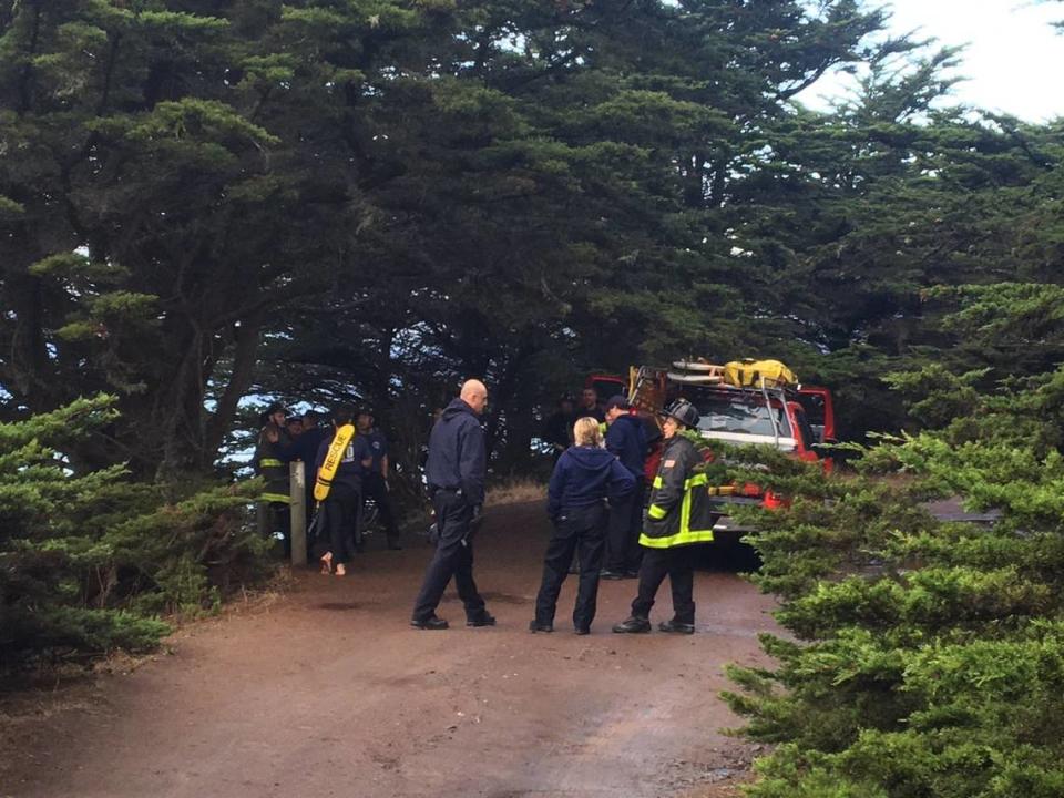 The San Francisco Fire Department released this photo showing rescue crews after first responders tried to save a man who fell 200 feet to his death from a cliff at Lands End.