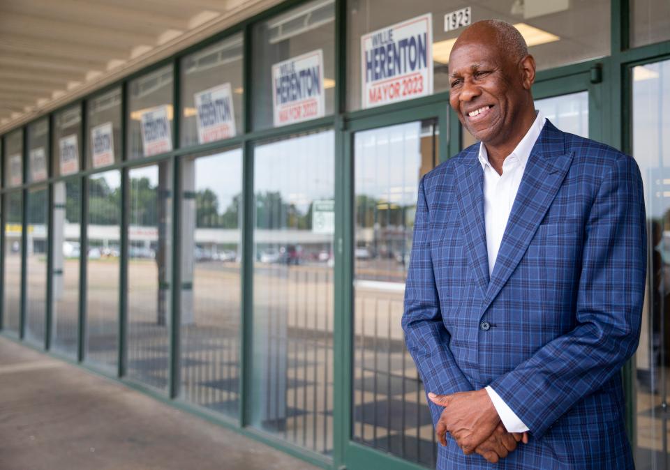 Willie Herenton, former Memphis mayor and current mayoral candidate, smiles as a man yells hello to him from his car as Herenton poses for a portrait outside his campaign headquarters in Memphis, Tenn., on Friday, July 21, 2023.