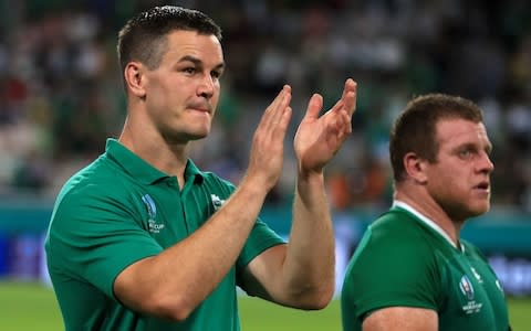 Ireland's Johnny Sexton (left) celebrates after the final whistle during the 2019 Rugby World Cup Pool A match at the Kobe Misaki Stadium - Credit: Adam Davy/PA