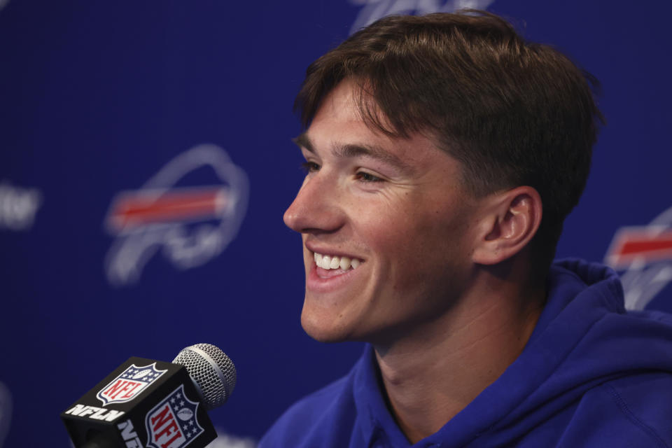 Buffalo Bills second-round draft pick Cole Bishop addresses the media during an NFL football news conference in Orchard Park, N.Y., Saturday, April 27, 2024. (AP Photo/Jeffrey T. Barnes)