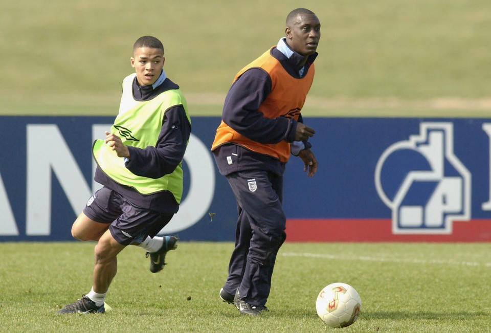 LONDON - MARCH 26: Emile Heskey and Jermaine Jenas during England football training at London Colney, London on March 26, 2003. (Photo by Jamie McDonald/Getty Images)