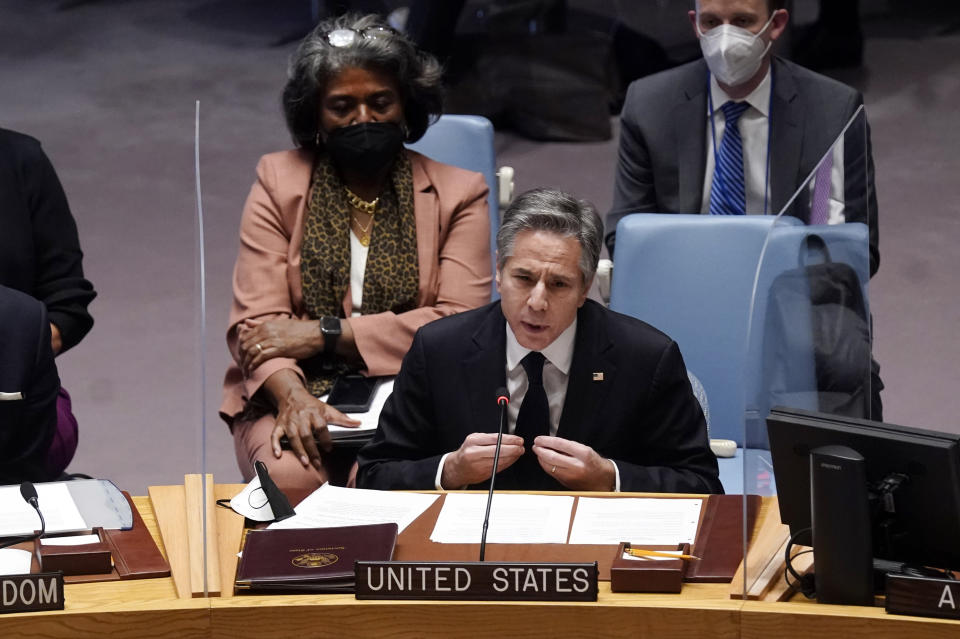 U.S. Secretary of State Antony Blinken addresses the United Nations Security Council, Thursday, Feb. 17, 2022. (AP Photo/Richard Drew)