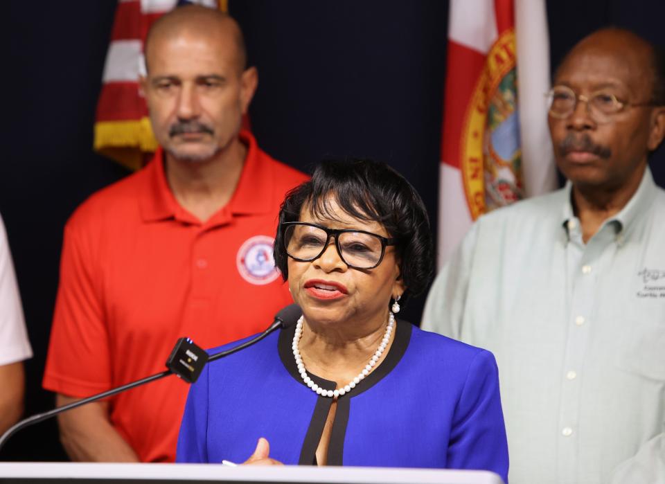 Leon County Commissioner Carolyn Cummings speaks at a press conference at the Leon County Emergency Operations Center on Sunday, August 4, 2024.