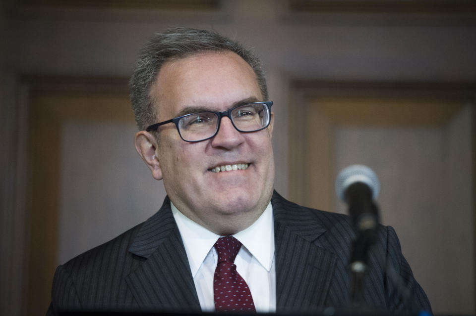 Acting EPA Administrator Andrew Wheeler announces that new coal plants no longer have to meet planned, tougher, Obama era emissions standards, during a news conference at the EPA Headquarters in Washington, Thursday, Dec. 6, 2018. (AP Photo/Cliff Owen)