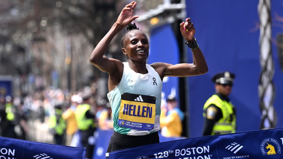 Obiri crosses the finish line to win the women's race at the 2024 Boston Marathon. - Ken McGagh/Reuters