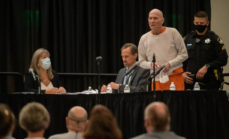 Golden State Killer/East Area Rapist Joseph James DeAngelo stands and apologizes to his victims and their families in a makeshift Sacramento Superior Courtroom at Sacramento State University on Friday, Aug 21, 2020. He was sentenced to life in prison without the possibility of parole for 13 murders and a host of rapes and other crimes.