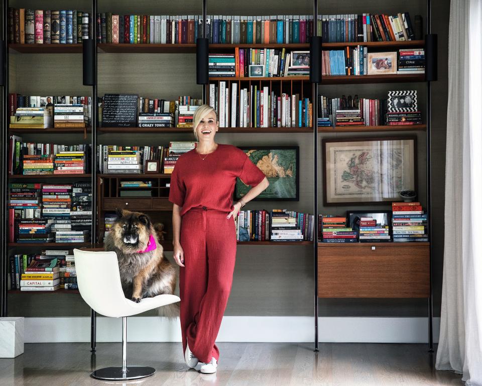 Handler has two dogs, Bert and Bernice. “They are a brother-sister combo platter,” says Chelsea Handler in her contemporary home in Bel Air, California. “They came together as a family unit, and they came with those names. His full name is Bertram, and her full name is Bernice. When I heard that, I thought I had died and gone to heaven, because that’s obviously what I would have named them if they hadn’t already been named that.” The dogs are chow chow mixes. “I was surprised to learn that they are part rottweiler when I had their DNA tested,” says Handler, wearing a look by Raquel Allegra. “But obviously my love is not conditional.”