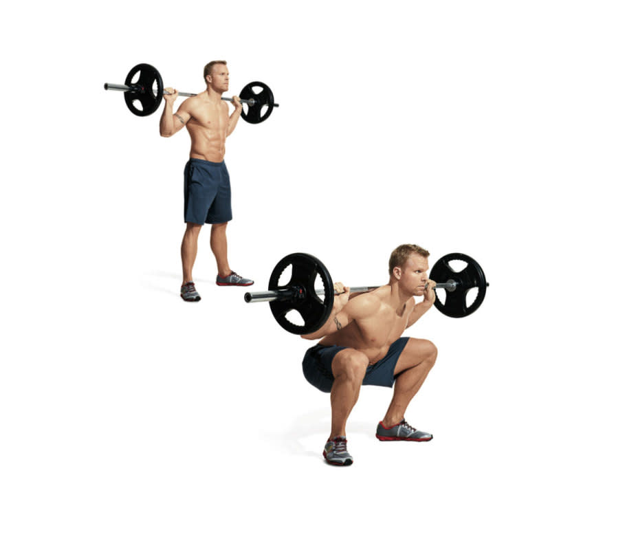 How to do it:<ol><li>Set up in a squat rack or cage. </li><li>Grab the bar slightly wider than shoulder-width, basically wide and comfortable. </li><li>Retract your shoulder blades and un-rack the bar. </li><li>Take one step back with each foot and point toes out at 30 degrees. </li><li>Inhale, then bend your hips and knees to lower your body as far as you can without losing the arch in your lower back. </li><li>Push your knees outward as you descend. </li><li>Drive with your hips to come back up while pushing your knees outward. </li></ol>Pro tip:<p>Keep your neck neutral at all times to maintain proper form, especially during the pause.</p>Variation:<p>This move can also be done with dumbbells. Rest one on each shoulder and do a rep with elbows pointed up and triceps forward.</p>