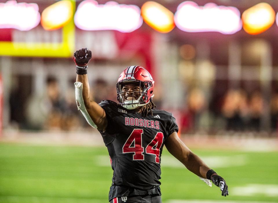 Indiana's Aaron Casey (44) celebrates during the second half of the Indiana versus Akron football game at Memorial Stadium on Saturday, September 23, 2023.