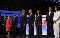 From left, Sen. Michael Bennet, D-Colo., Sen. Kirsten Gillibrand, D-N.Y., former HUD Secretary Julian Castro, Sen. Cory Booker, D-N.J., former Vice President Joe Biden, Sen. Kamala Harris, D-Calif., Andrew Yang and Rep. Tulsi Gabbard, D-Hawaii, are introduced before the second of two Democratic presidential primary debates hosted by CNN Wednesday, July 31, 2019, in the Fox Theatre in Detroit. (AP Photo/Carlos Osorio)