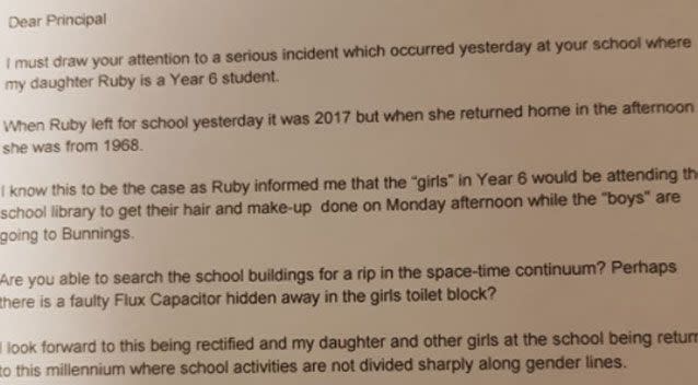 The father's letter said the school had divided the students by gender. Photo: Twitter